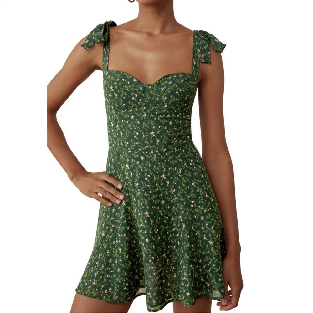 Reformation Green Floral Tie-Shoulder Mini Dress